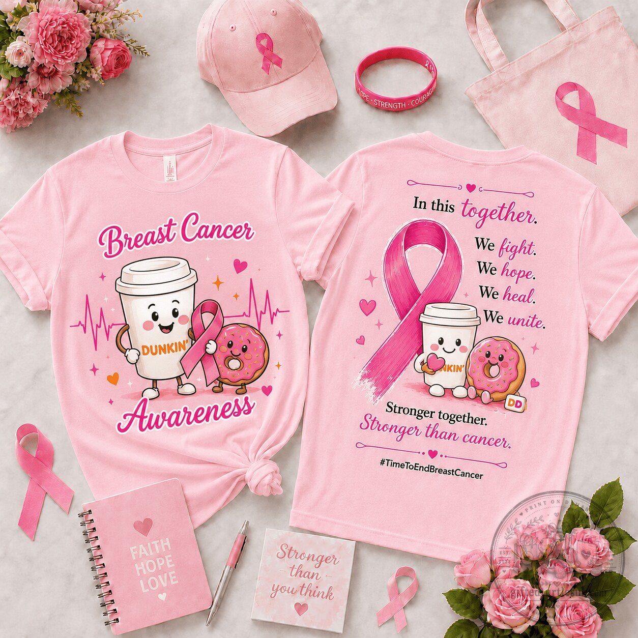 Dunkin Donuts Breast Cancer Awareness Stronger Together Pink Ribbon T-Shirt