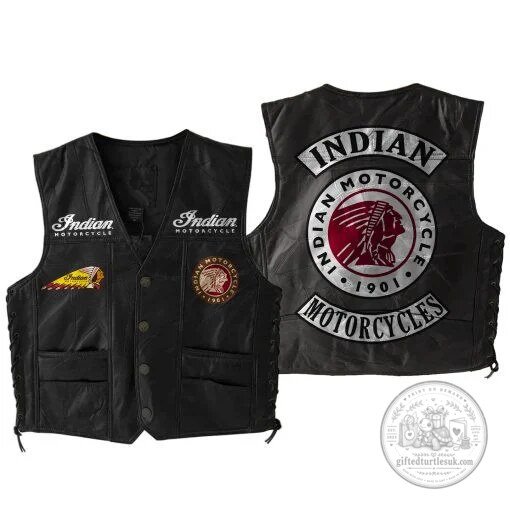 Indian Motorcycle Classic Logo Black Leather Vest with Side Lacing