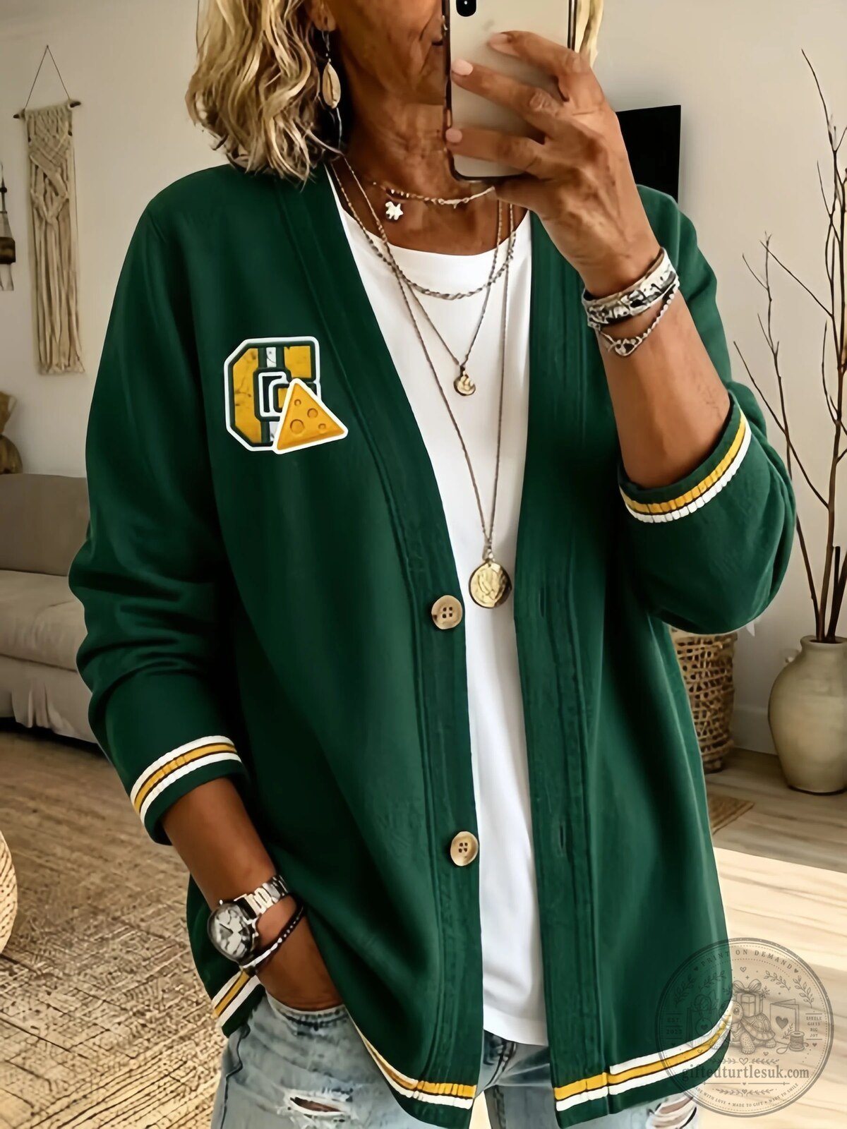 Green Bay Packers Football Fan Cardigan Sweater with Cheesehead Logo