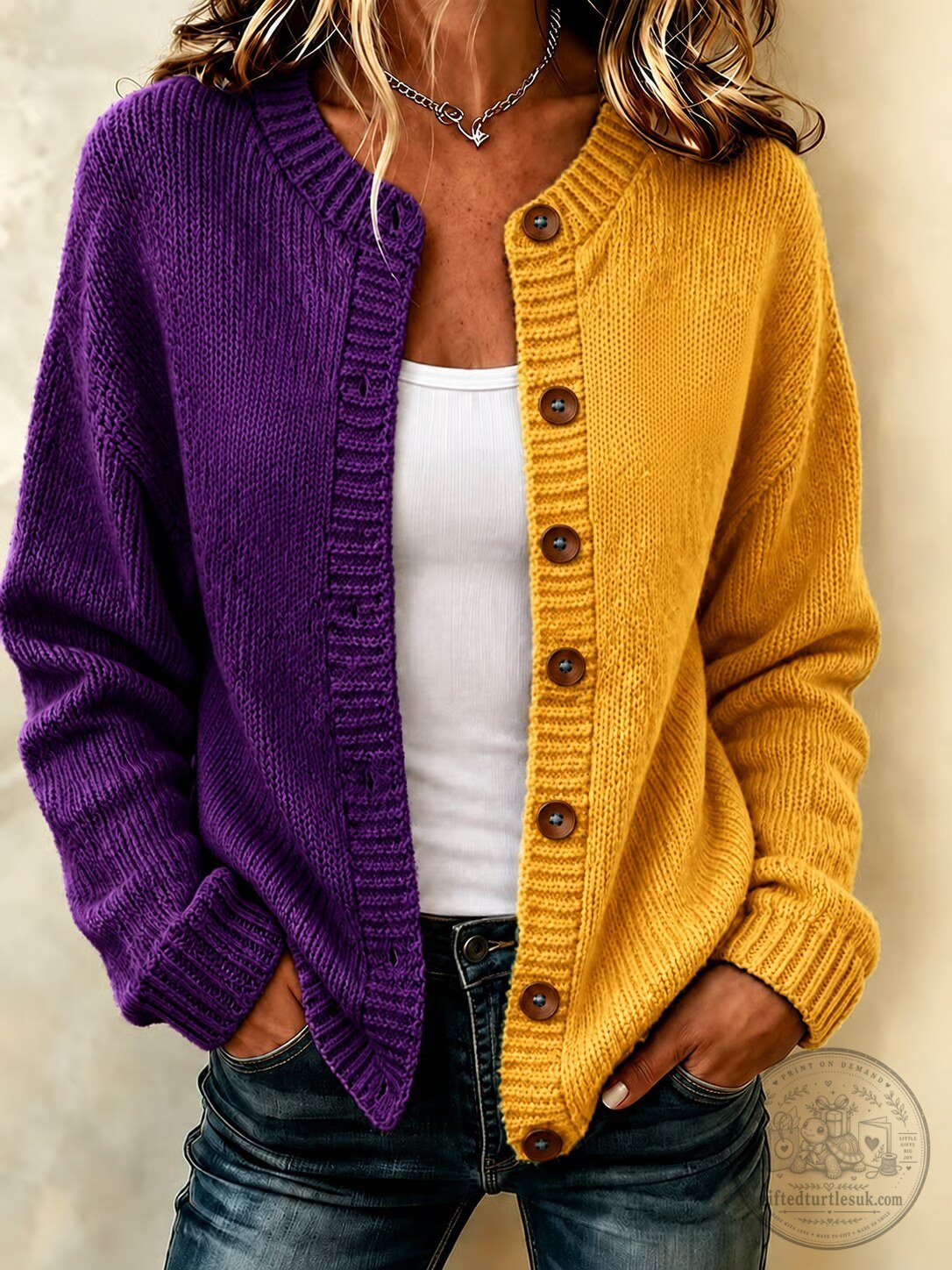 Women's Color Block Button Down Knit Cardigan Sweater 2 Women's Color Block Button Down Knit Cardigan Sweater