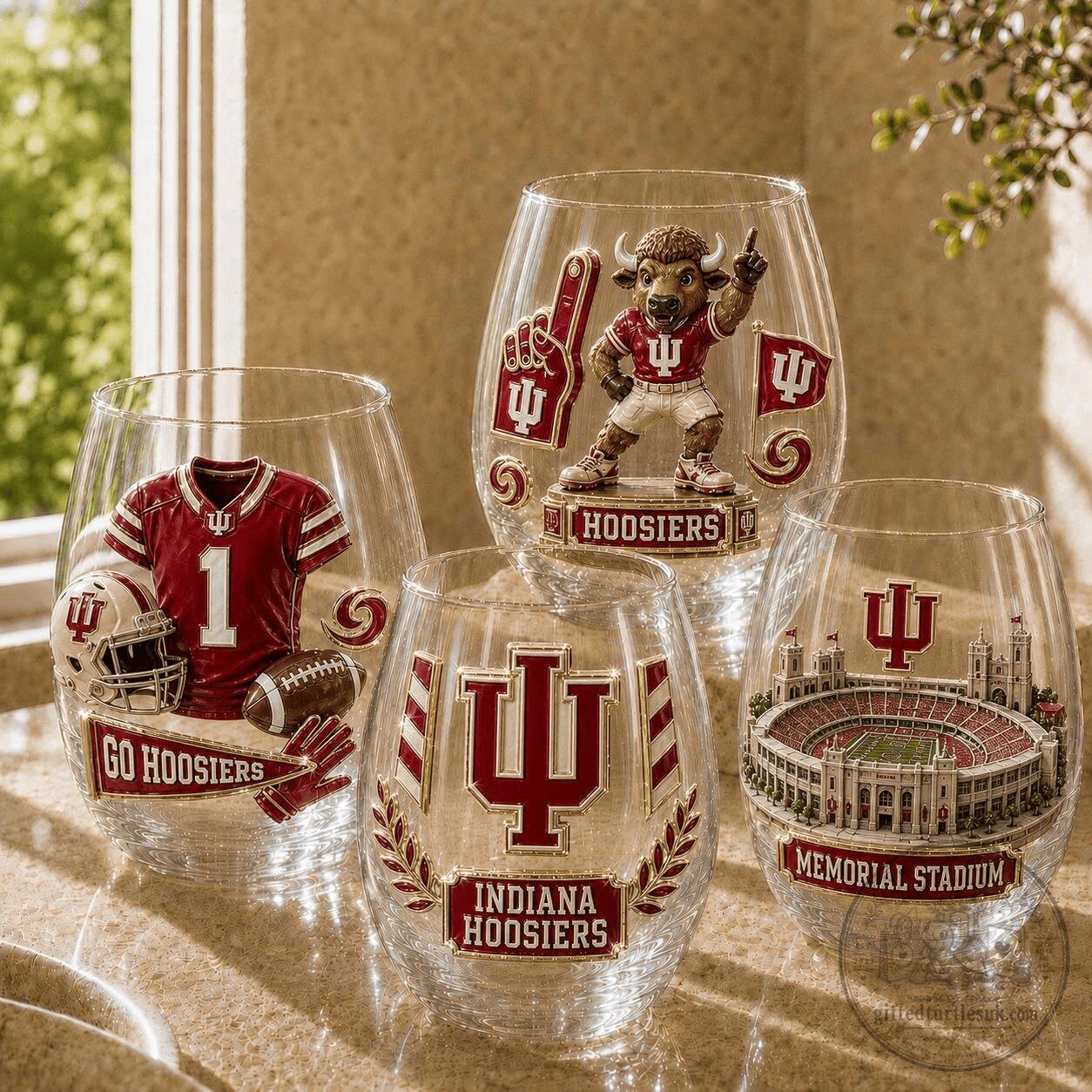 Indiana Hoosiers Football Team Stemless Wine Glass Set