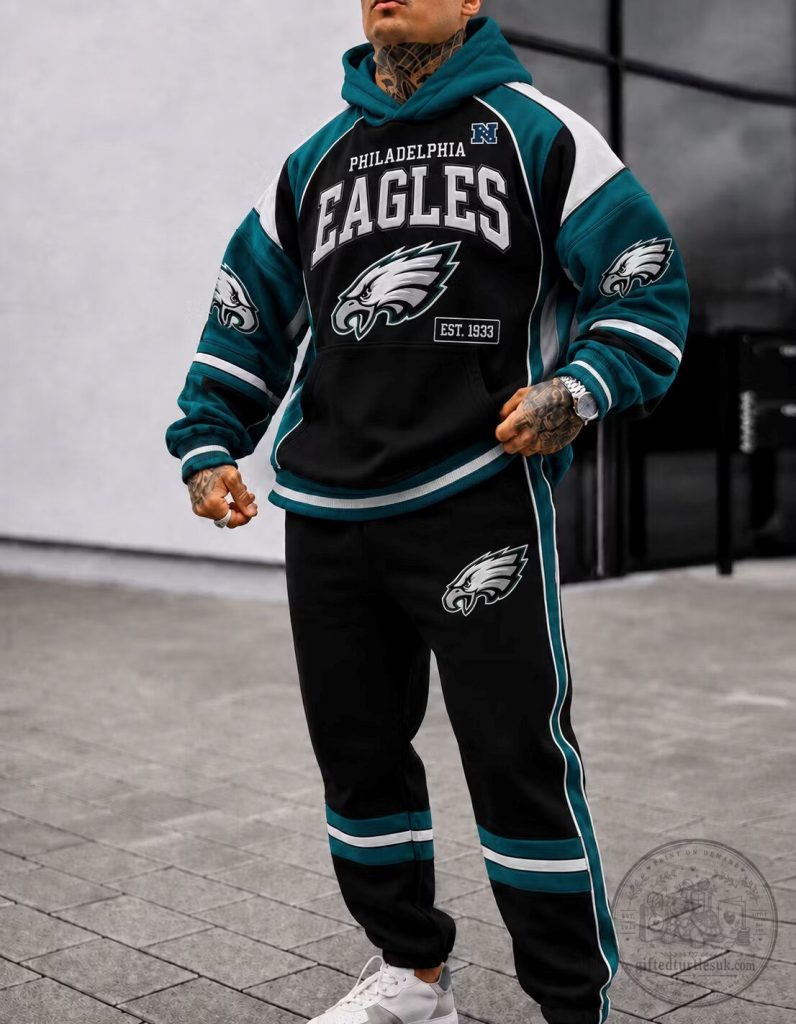 Philadelphia Eagles Football Team Logo Black and Teal Hoodie for Men