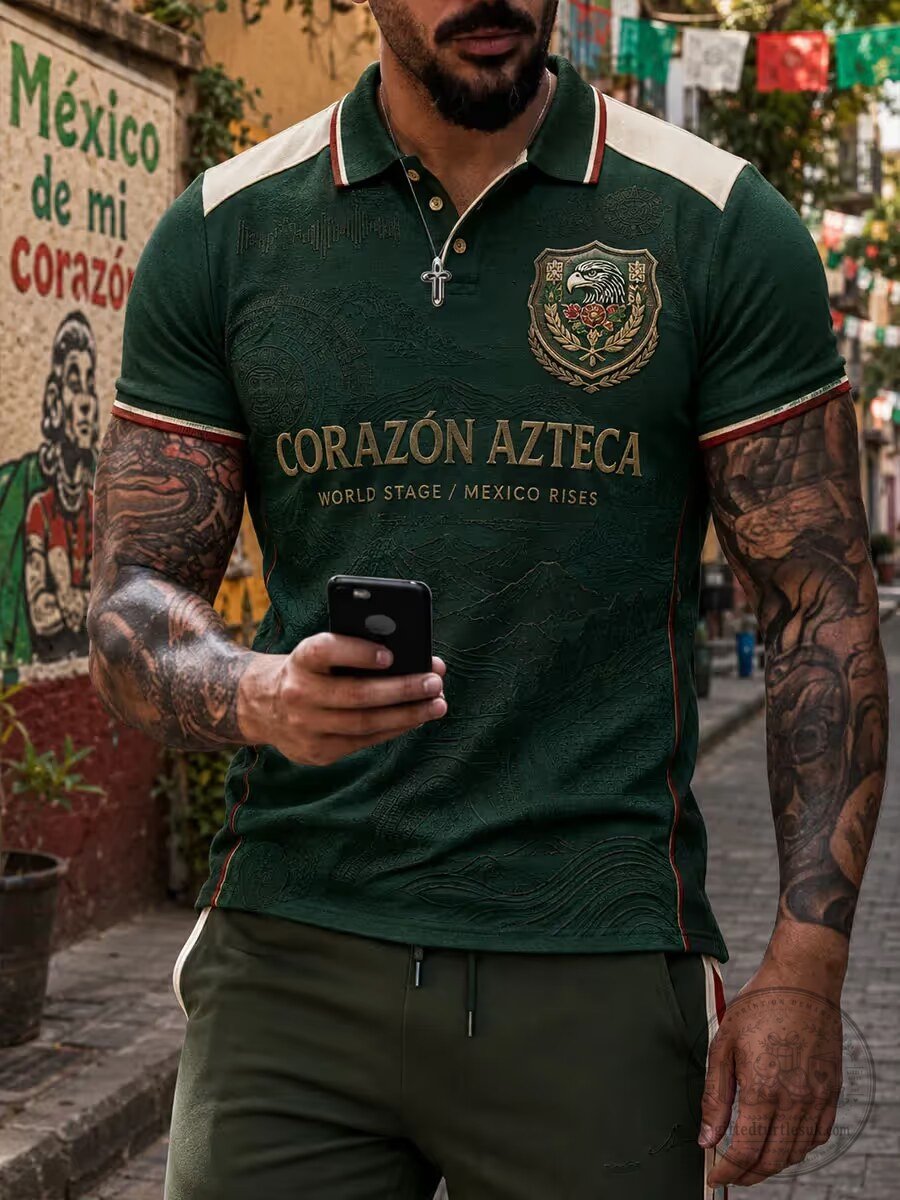 Mexican Corazon Azteca World Stage Mexico Rises Eagle Crest Polo Shirt