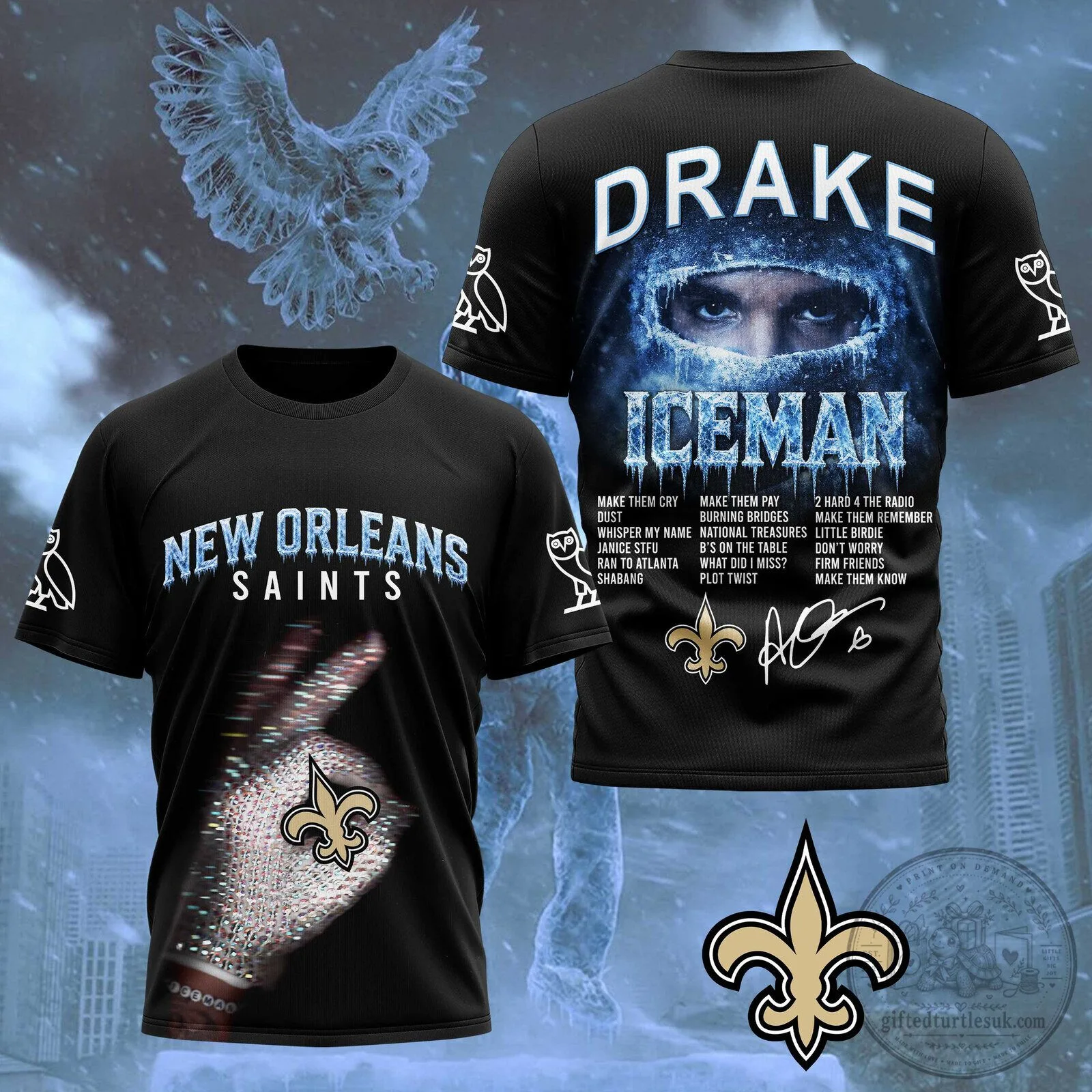 Drake Ice Man New Orleans Saints Football Team Black T-Shirt