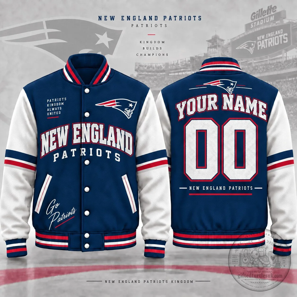 New England Patriots Kingdom Builds Champions Custom Name and Number Varsity Jacket