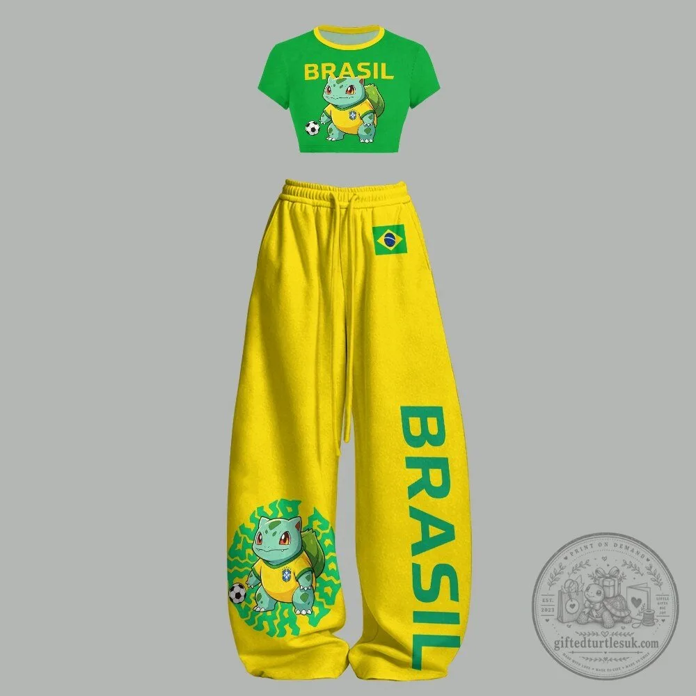 Brazil Football Team Bulbasaur Pokemon Crop Top and Sweatpants Set
