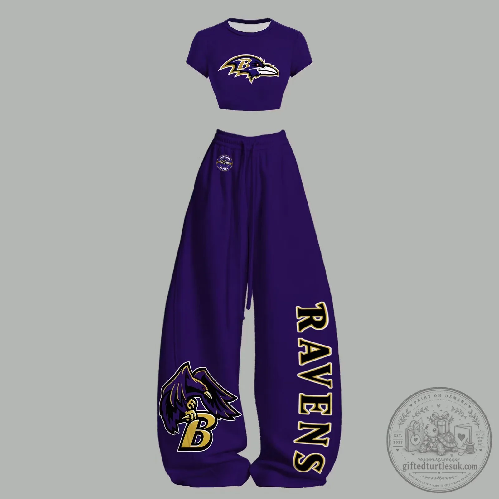 Baltimore Ravens Football Team Logo Cropped T-Shirt and Pants Set