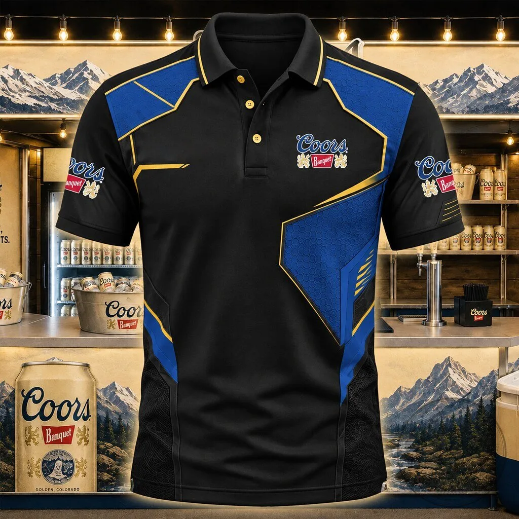 Coors Banquet Beer Logo Black and Blue Geometric Pattern Polo Shirt