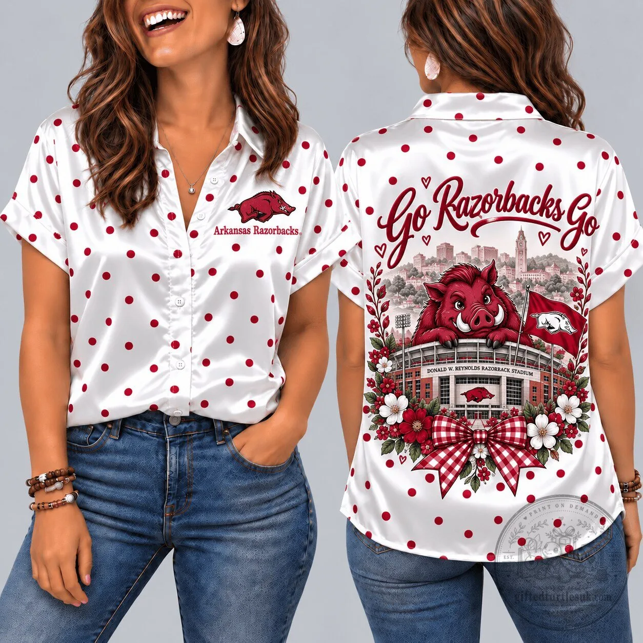 Arkansas Razorbacks Mascot Polka Dot Short Sleeve Button Down Shirt