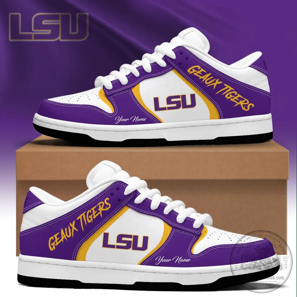 LSU Tigers Geaux Tigers Custom Name Purple and Gold Dunk Low Style Shoes 4 LSU Tigers Geaux Tigers Custom Name Purple and Gold Dunk Low Style Shoes
