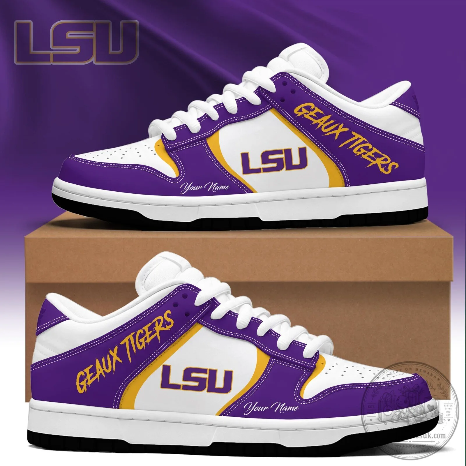 LSU Tigers Geaux Tigers Custom Name Purple and Gold Dunk Low Style Shoes