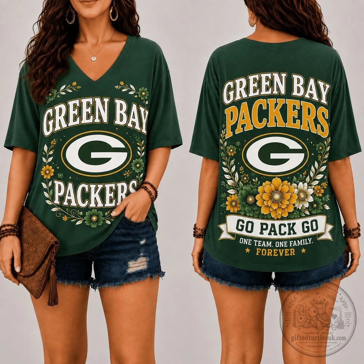 Green Bay Packers Team Green Floral V-Neck Short Sleeve T-Shirt