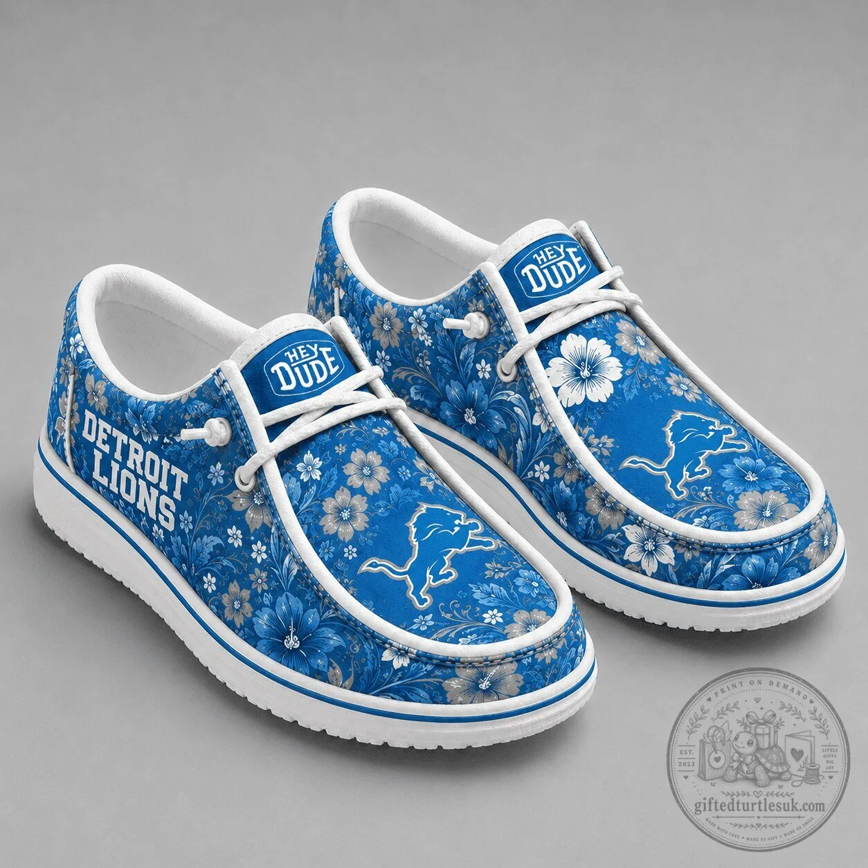 Detroit Lions Floral Pattern Blue and White Loafer Shoes