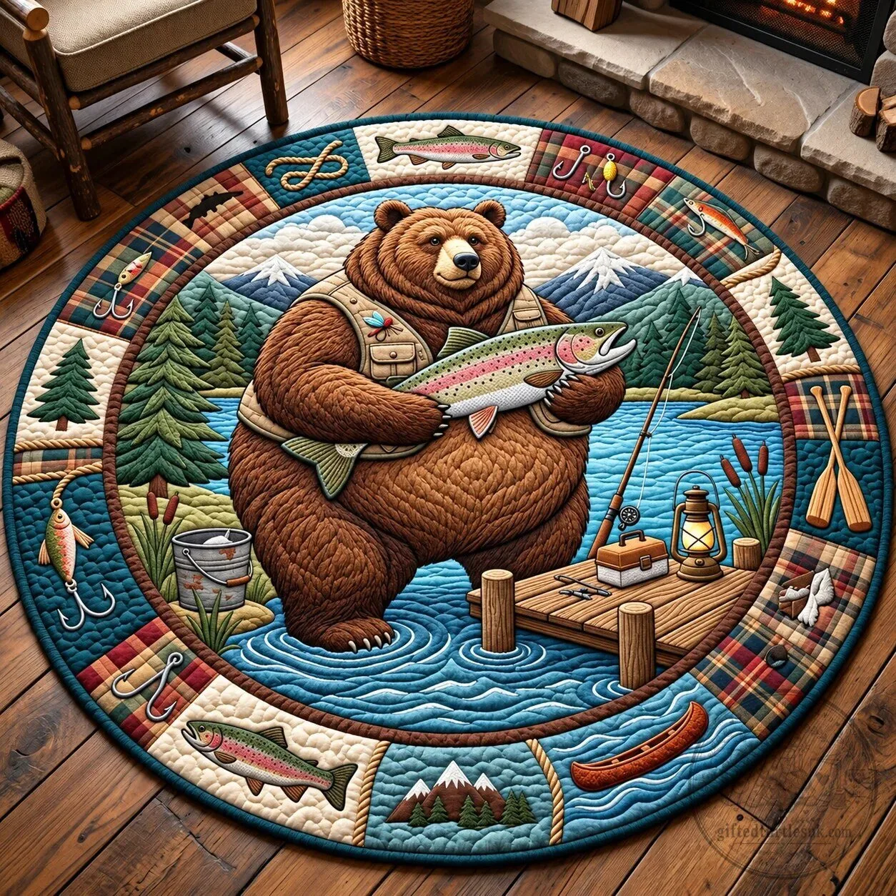 Fishing Bear Catching Trout Lake Scene Round Quilted Floor Mat