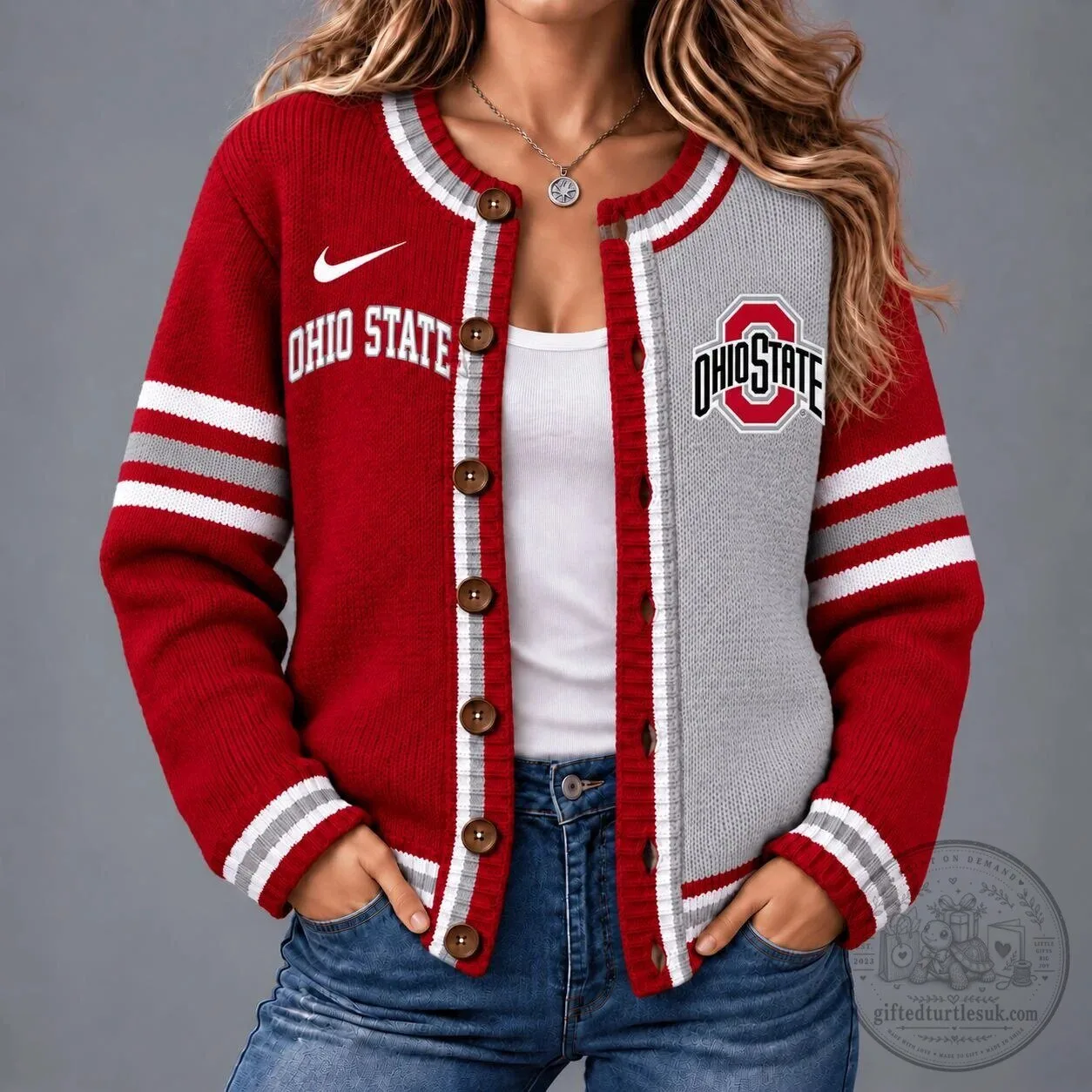 Ohio State Buckeyes NCAA Game Day Red and Gray Knit Cardigan Sweater
