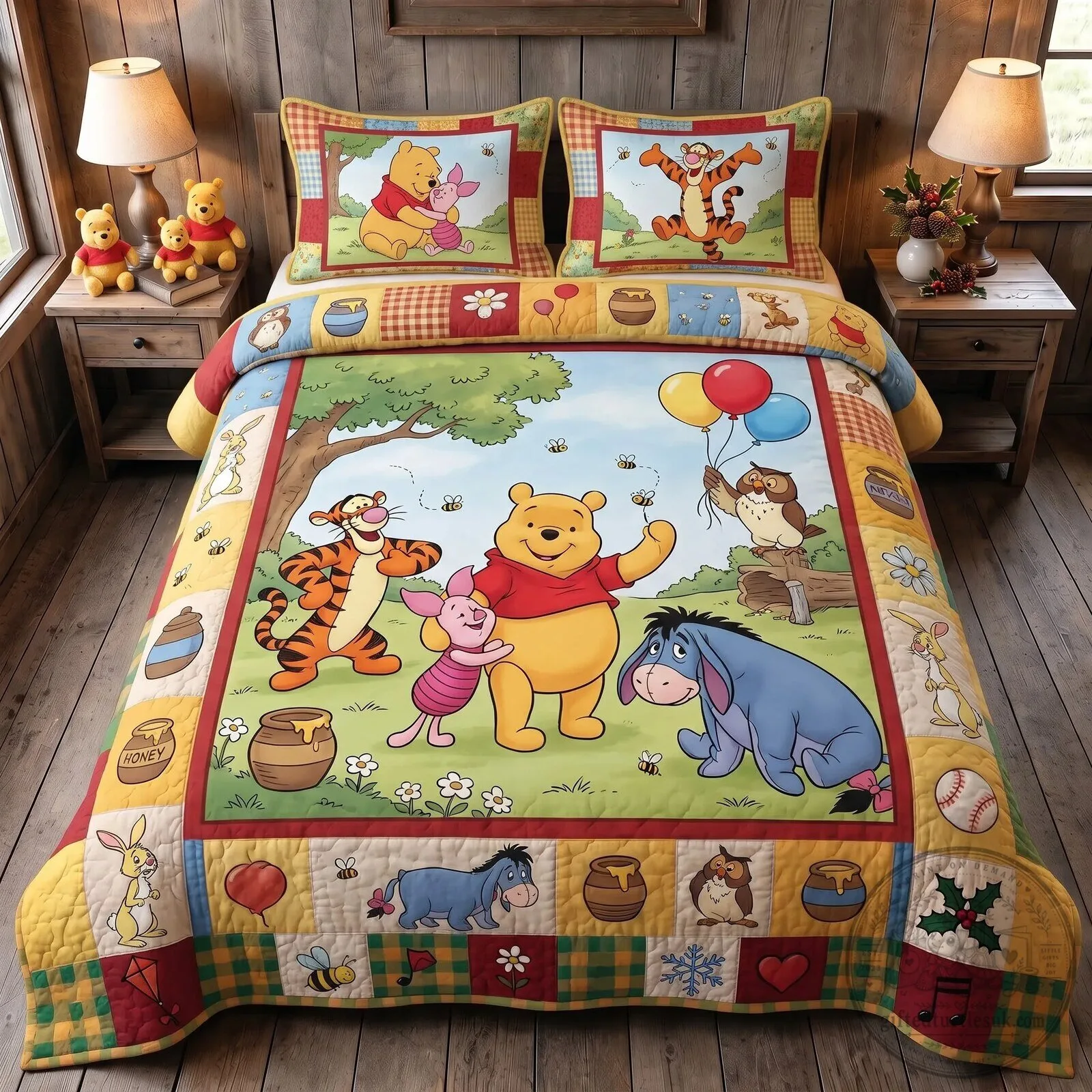 Winnie The Pooh and Friends Quilted Bedding Set with Pillow Shams
