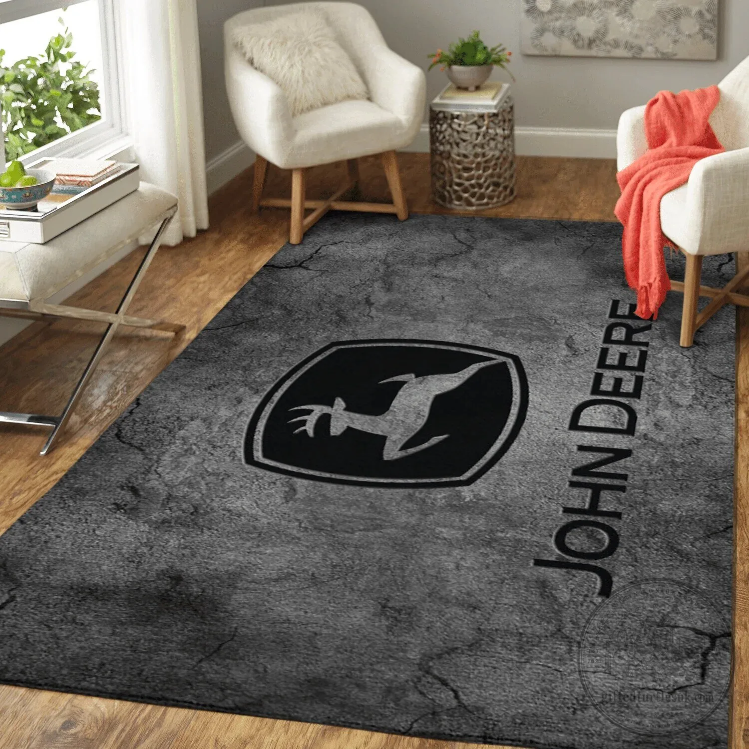 John Deere Logo Distressed Black Farm Tractor Area Rug