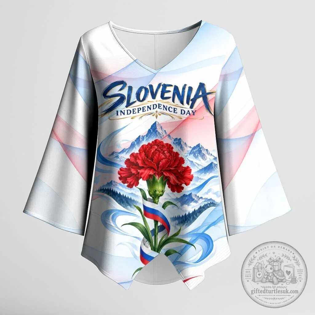 Slovenia Independence Day Red Carnation Flower Mount Triglav Flag Kimono Sleeve Blouse