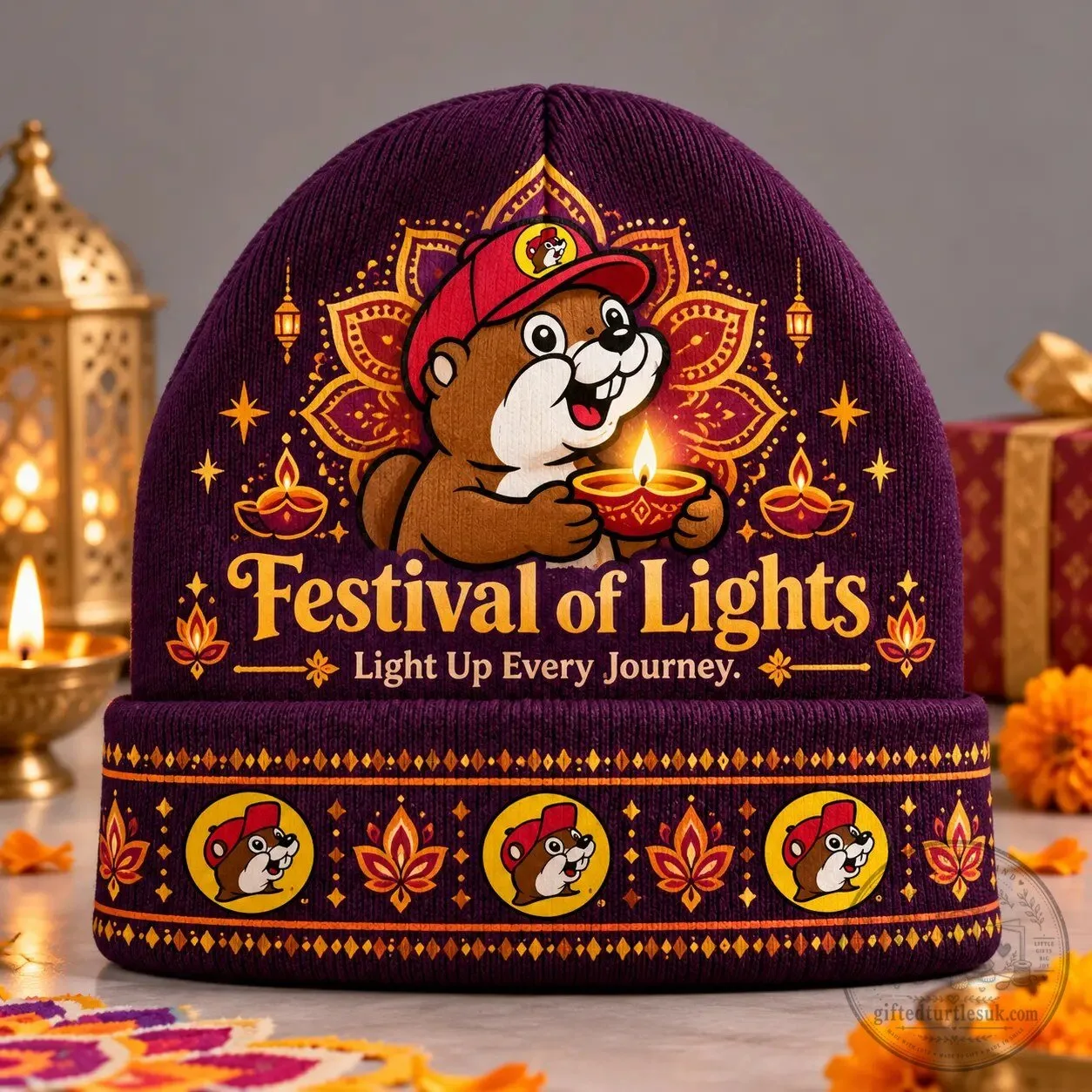 Buc-ee's Diwali Festival of Lights Knit Beanie with Diyas and Rangoli Design