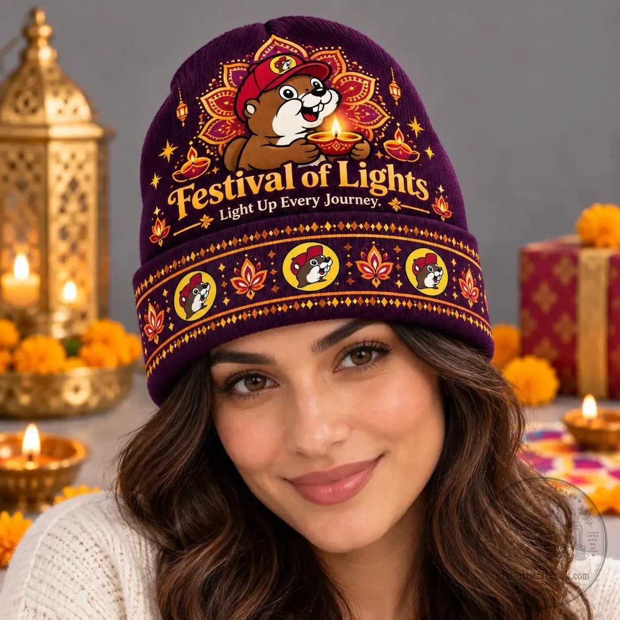 Buc-ee's Diwali Festival of Lights Knit Beanie with Diyas and Rangoli Design 7 Buc-ee