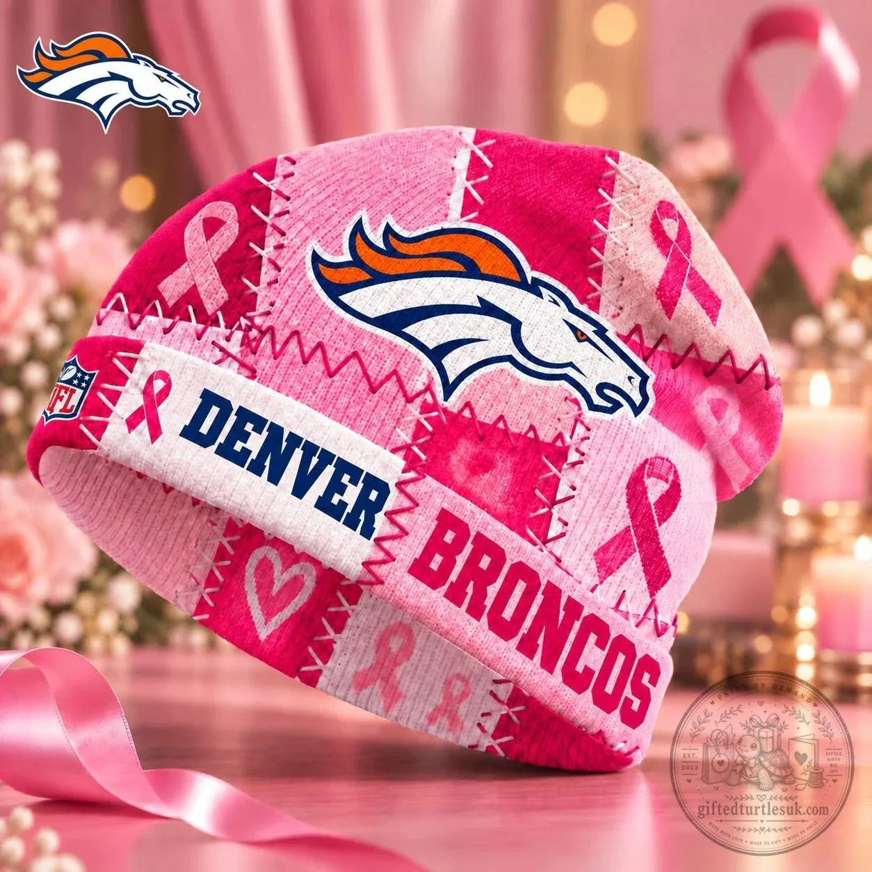 Denver Broncos NFL Breast Cancer Awareness Pink Ribbon Patch Beanie Cap Hat
