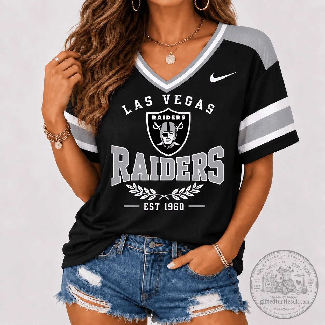 Las Vegas Raiders Vintage Style Black V-Neck Football Jersey for Women