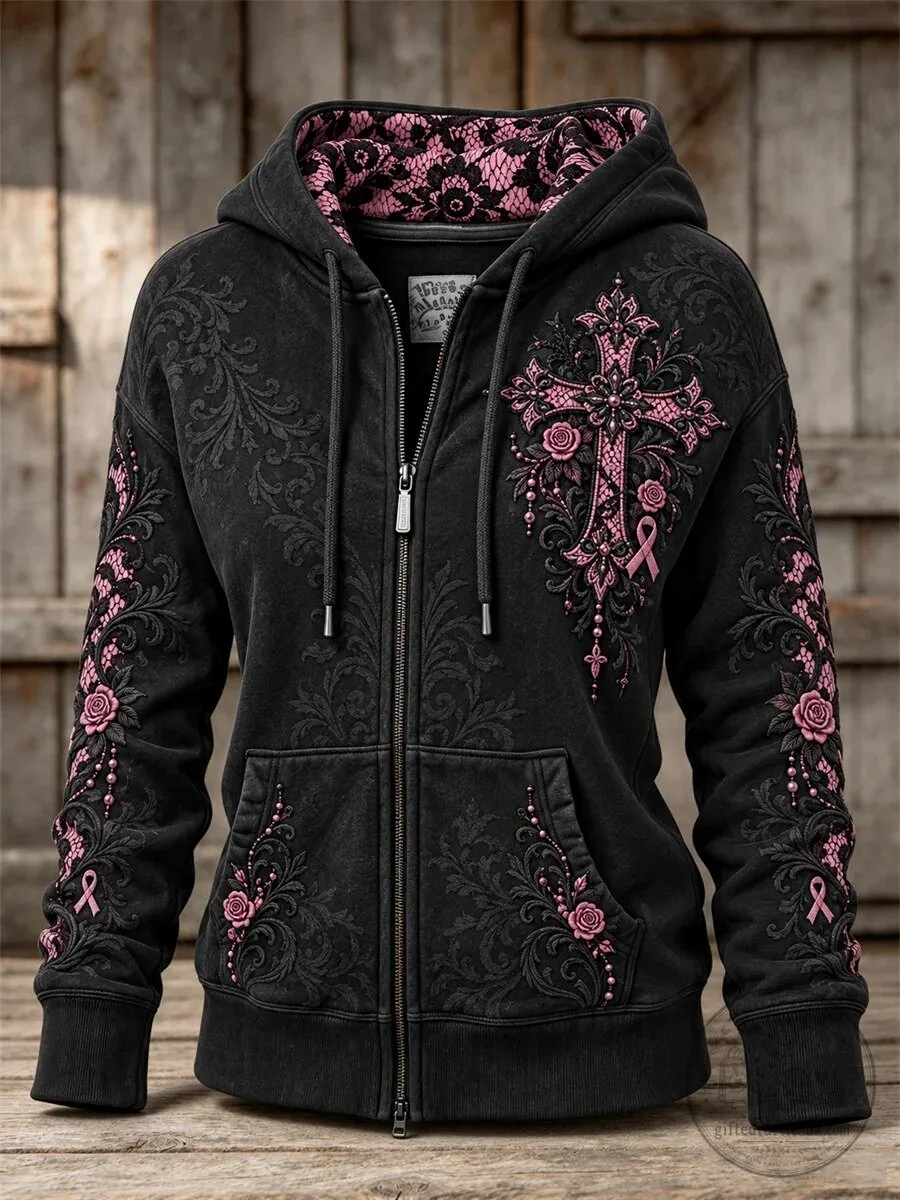 Women's Gothic Cross and Pink Ribbon Roses Lace Art Print Full Zip Hoodie