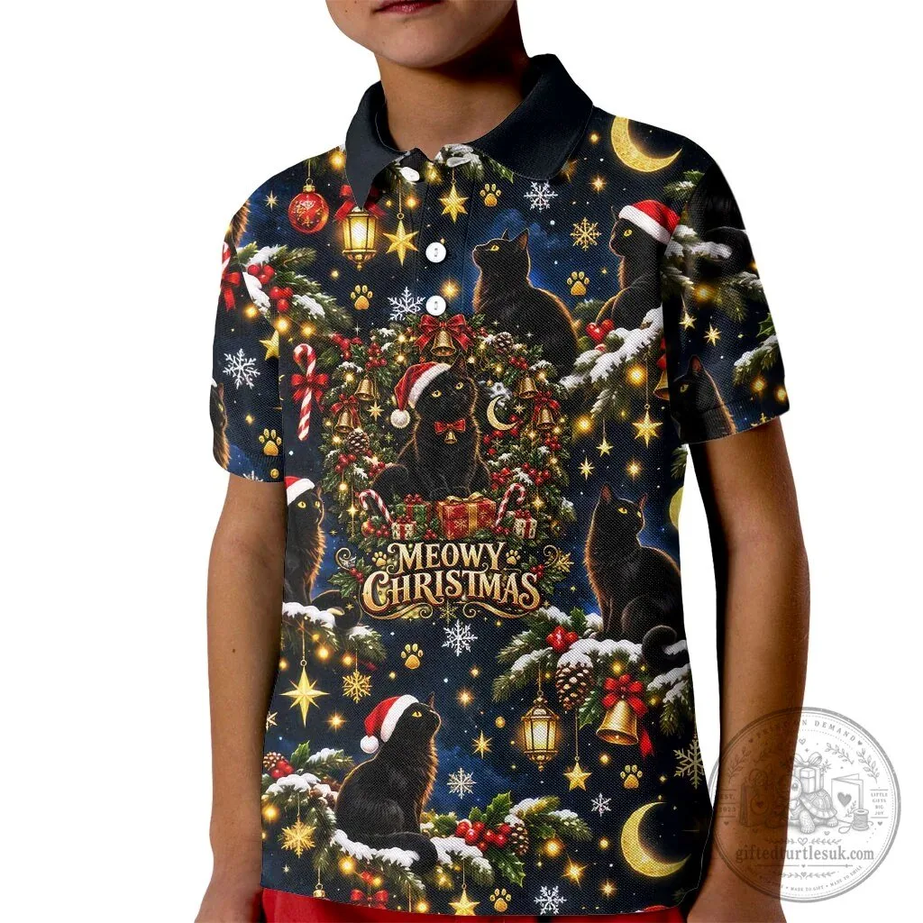 Meowy Christmas Black Cat Festive Night Tree Snow Stars Holiday Pattern Art Polo Shirt