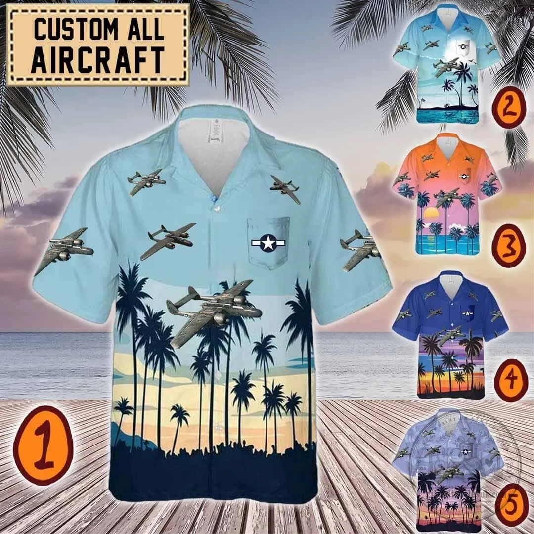 P-61 Black Widow Aircraft Palm Tree Beach Hawaiian Shirt