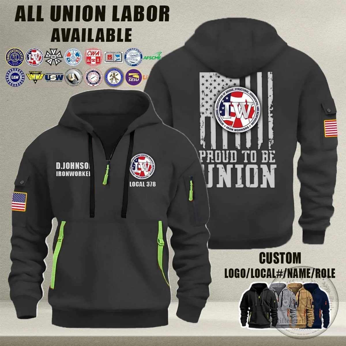 Ironworkers Union American Flag Quarter Zip Hoodie 11 Ironworkers Union American Flag Quarter Zip Hoodie