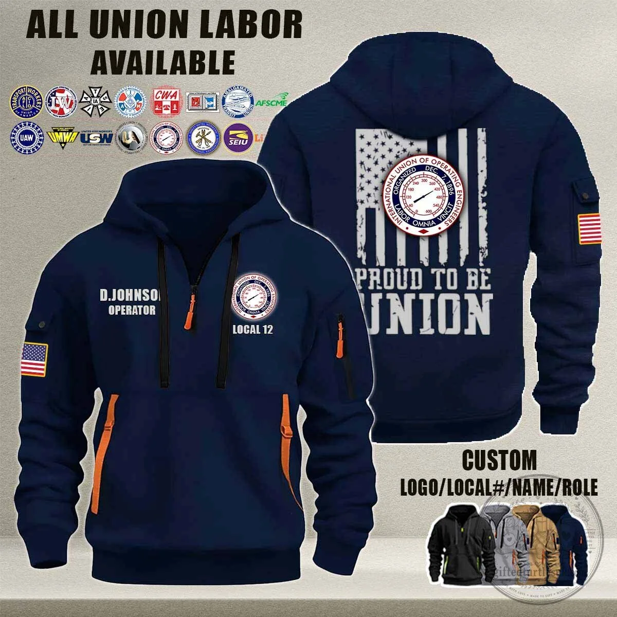 Ironworkers Union American Flag Quarter Zip Hoodie 12 Ironworkers Union American Flag Quarter Zip Hoodie