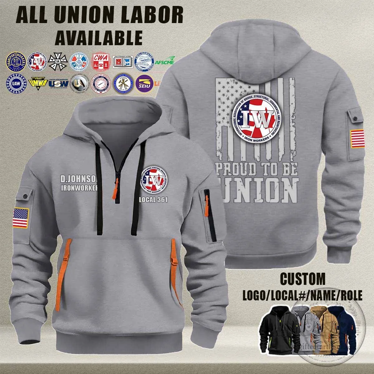 Ironworkers Union American Flag Quarter Zip Hoodie 13 Ironworkers Union American Flag Quarter Zip Hoodie