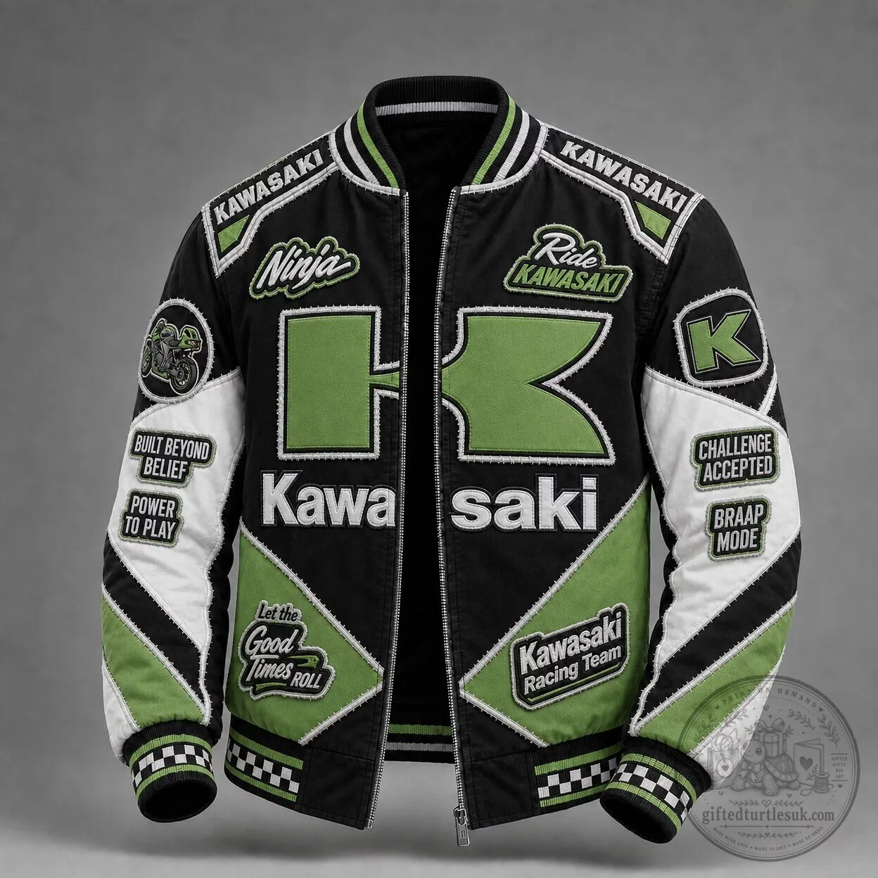 Kawasaki Ninja Motorcycle Racing Team Black and Green Bomber Jacket
