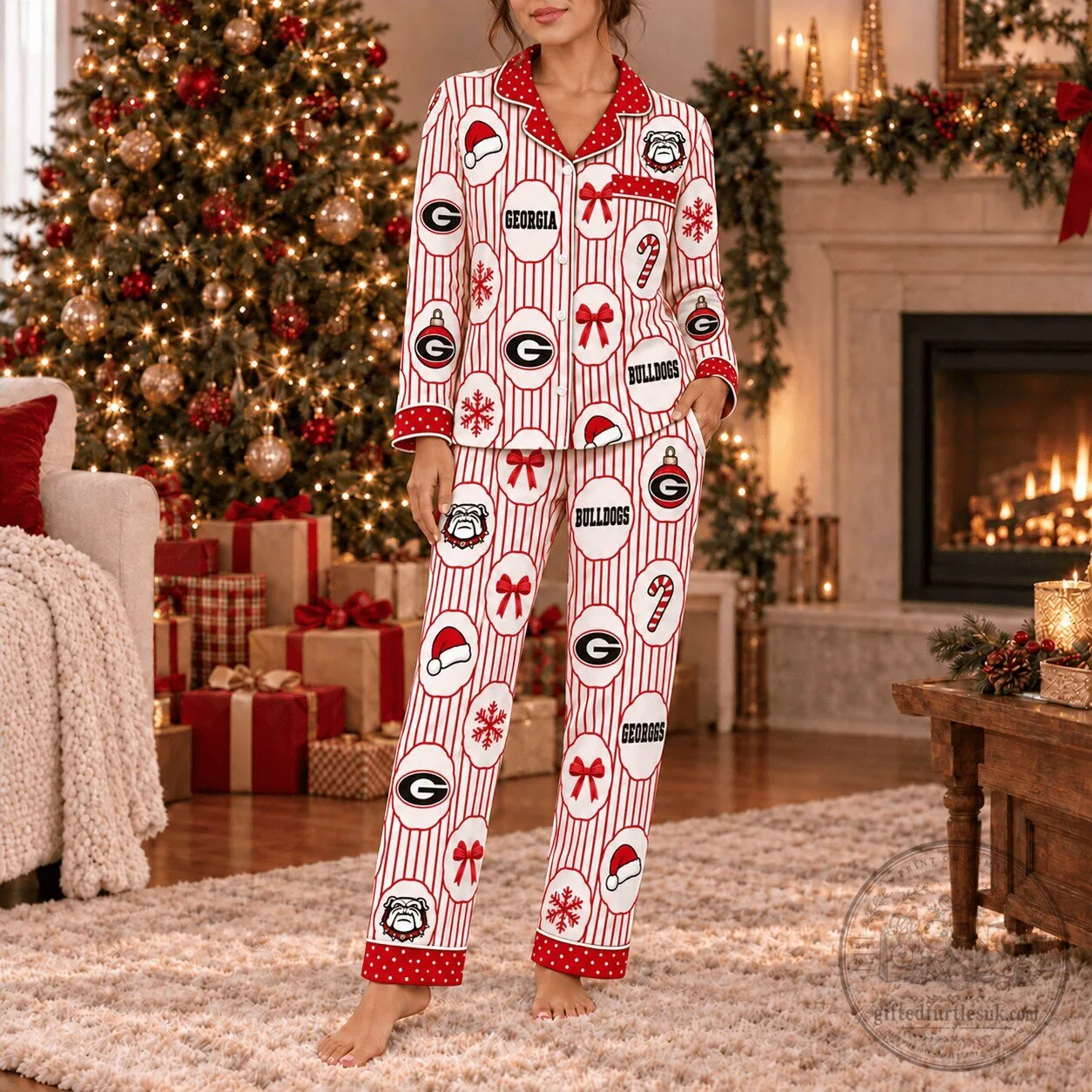 Georgia Bulldogs Christmas Candy Cane Striped Pajamas Set