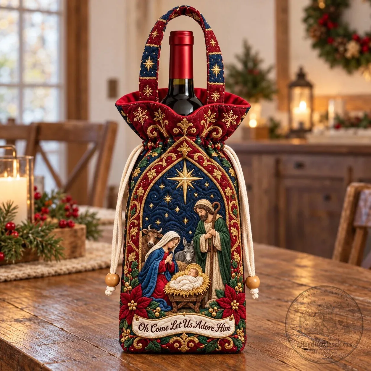 Christmas Nativity Scene Oh Come Let Us Adore Him Quilted Wine Bottle Bag