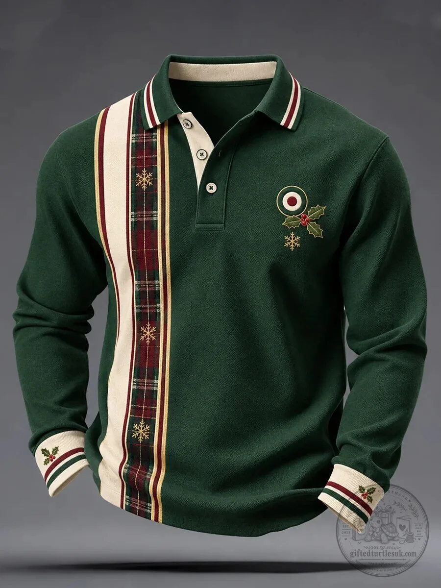 Men's Christmas Holiday Mod Culture Long Sleeve Polo Shirt with Snowflake and Holly