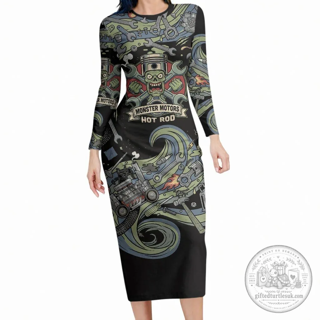 Monster Motors Hot Rod Mechanic Zombie Engine Vintage Long Sleeve Bodycon Dress