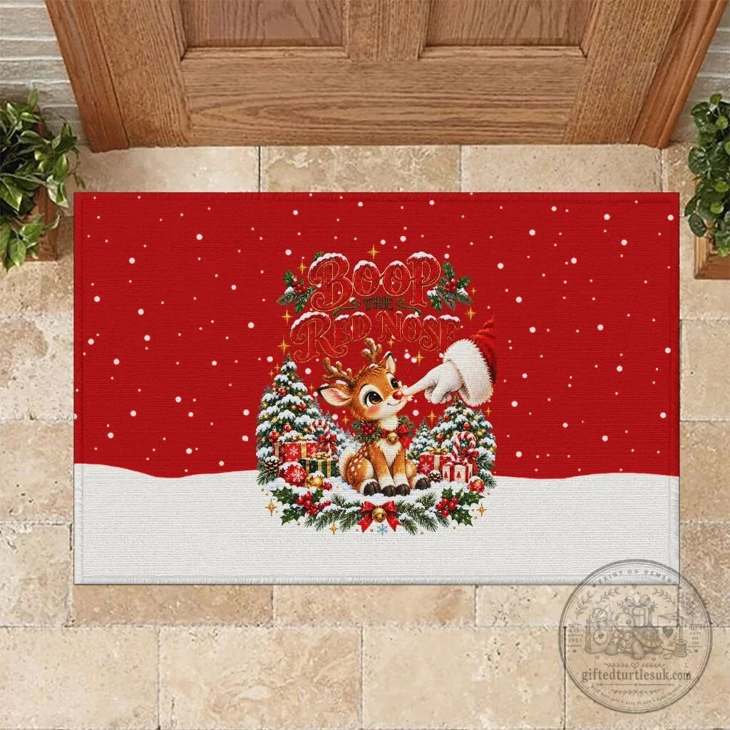 Cute Reindeer Boop The Red Nose Christmas Holiday Festive Winter Doormat