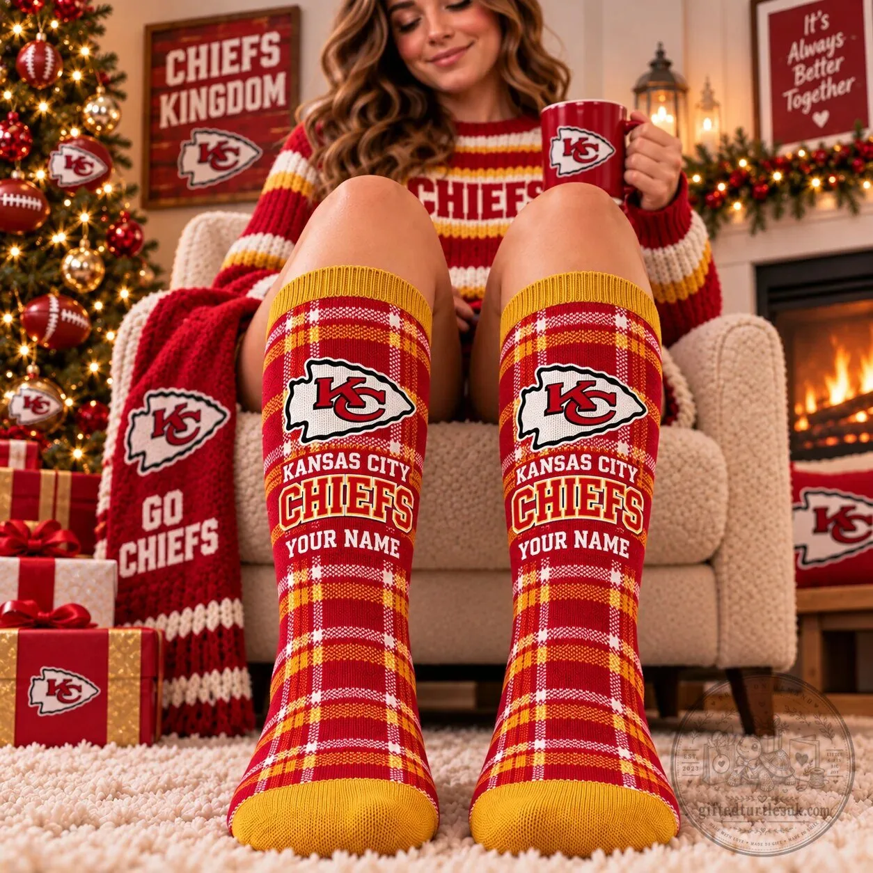 Kansas City Chiefs Personalized Plaid Pattern Crew Socks