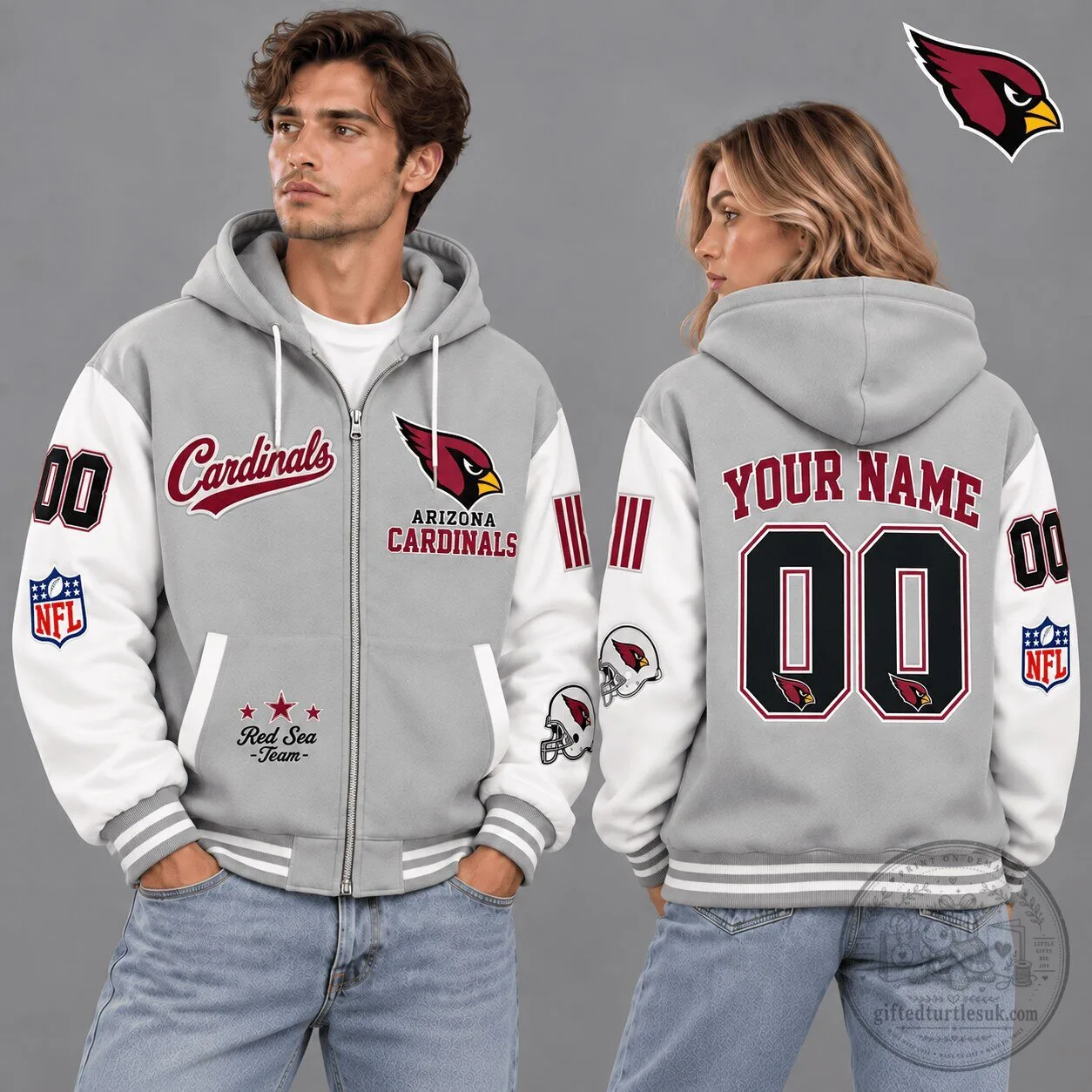 Arizona Cardinals NFL Vintage Varsity Gray Custom Name Number Zip Hoodie