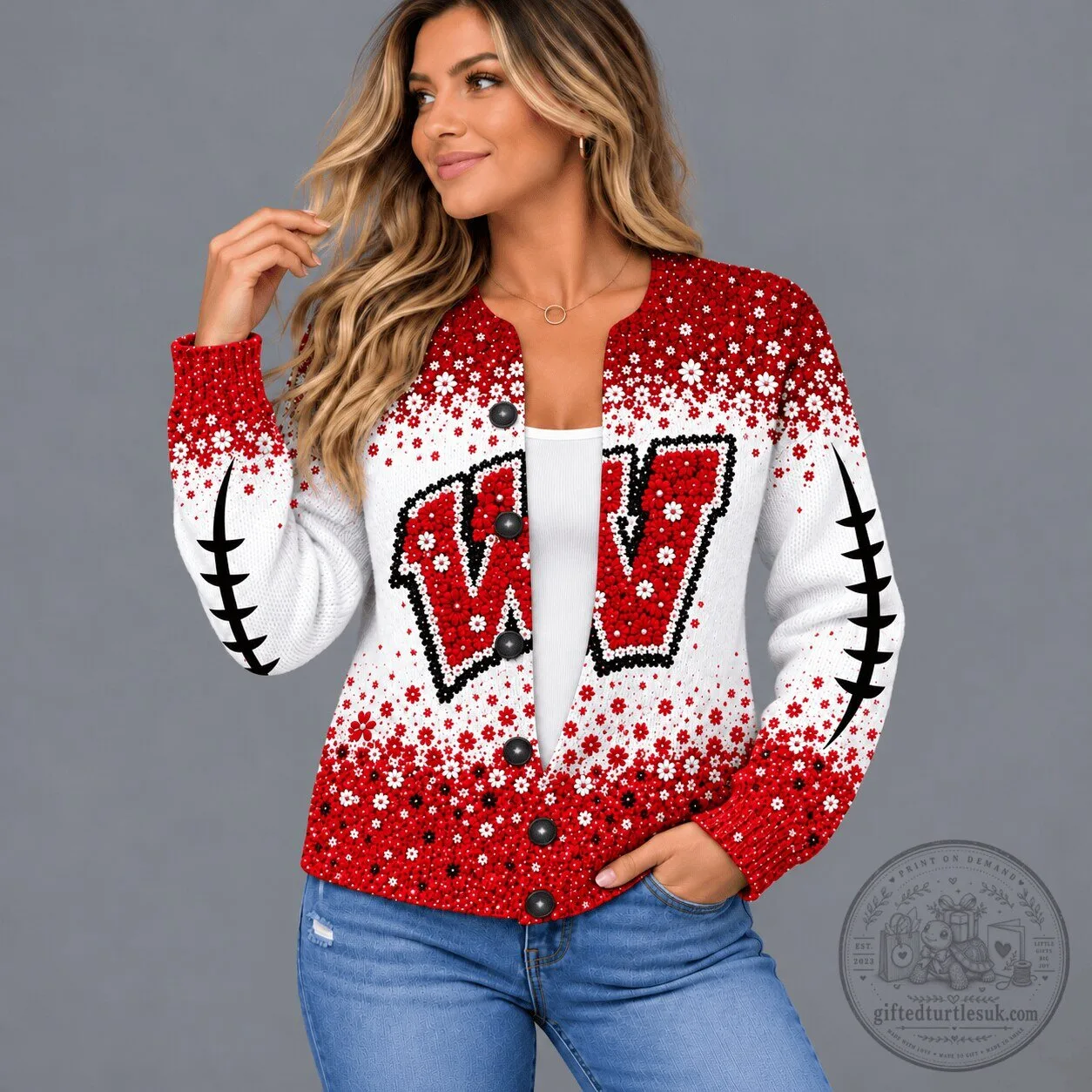 Wisconsin Badgers Floral Heritage Football Style Cardigan Sweater