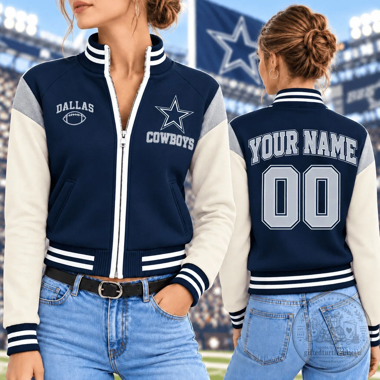 Dallas Cowboys NFL Team Custom Name and Number Varsity Jacket for Women